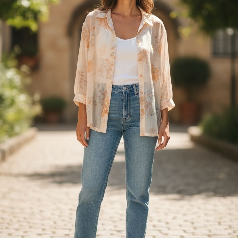 Vintage EUC Womens FINALE Sz. M Off-white/Orange Floral Long Sleeve Sheer Blouse